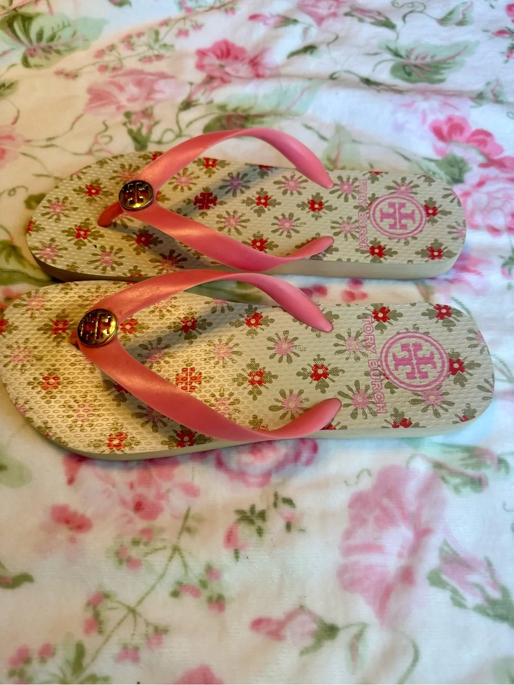 Tory Burch Pink Floral Flip Flop Sandals with Gold Logo Medallion